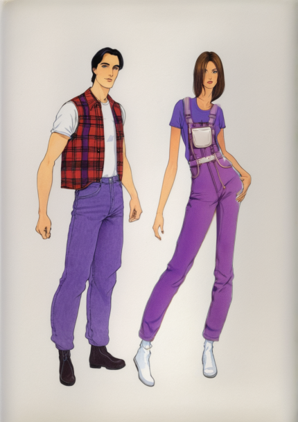 Chico moreno con camiseta blanca, camisa sin mangas a cuadros roja y unos pantalones morados. Las botas son negras.
Chica morena con camiseta y un peto de color morado. Los zapatos son de color blanco.