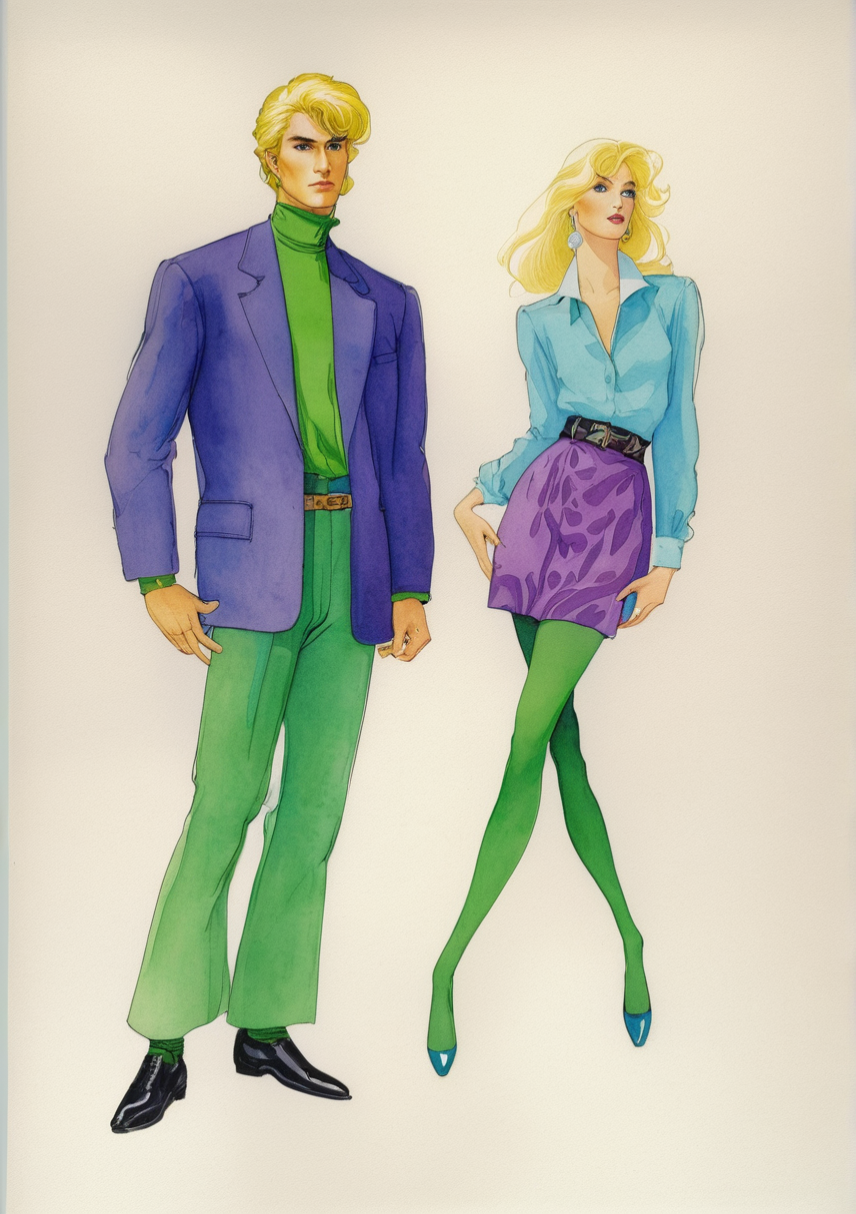 Chico rubio vestido con jersey y pantalones verdes. Lleba puesta una americana morada y unos zapatos de vestir negros.
Chica rubia con camisa blanca, flada morada y medias de color verde.