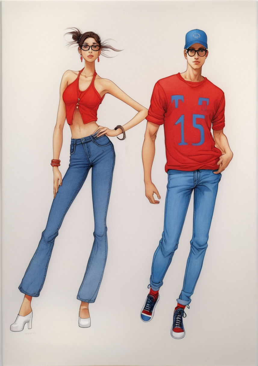 Cchica morena con el pelo recogido y gafas. Lleva un top rojo y unos vaqueros de campana junto con unos tacones blancos.
Chico con gorra azul lleva una camiseta roja, unos vaqueros pitillo y unas zapatillas de deporte altas.