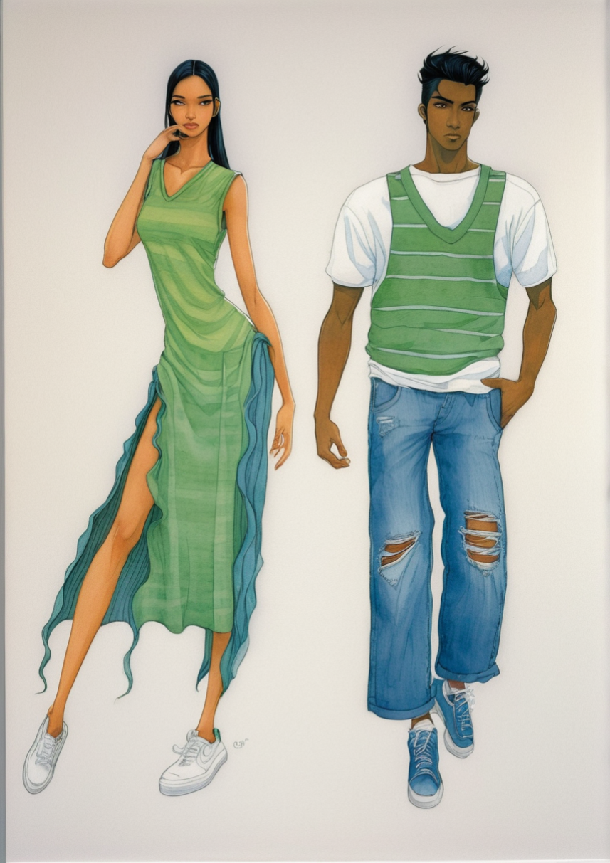 Chica morena con el pelo largo, vestido verde y zapatillas de deporte blancas.
Chico con camiseta blanca, sueter de color verde a rayas, vaqueros rectos rotos y unas zapatillas azules.