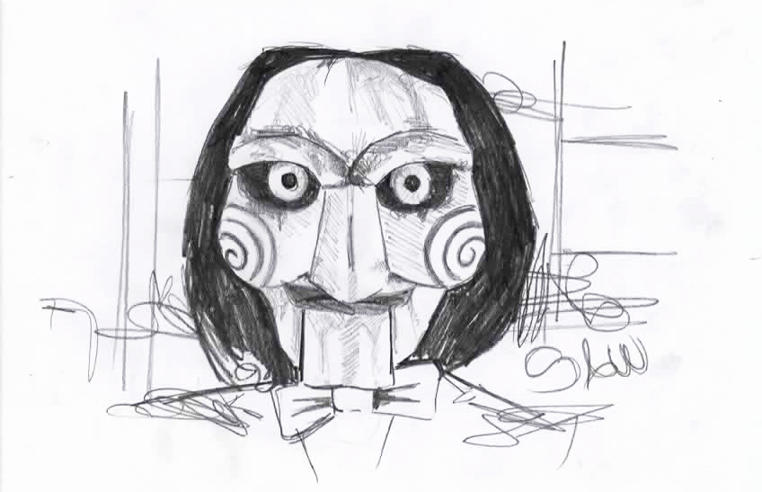 Dibujo hecho a mano del muñeco de se usa en la película de SAW.