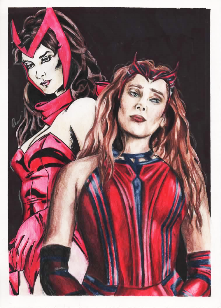 Diubjo hecho a mano y a color de la Bruja Escarlata, personaje de Los Vengadores.