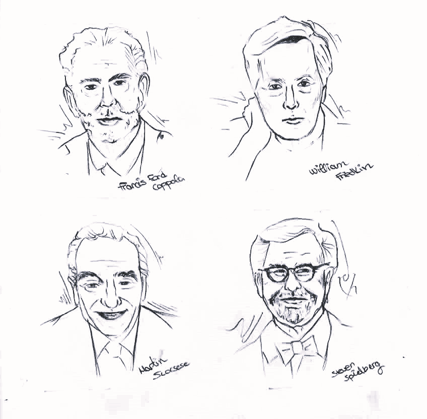 Dibujo de cuatro grandes directores: Coppola, William Friedkin, Martin Scorsese y Spielberg